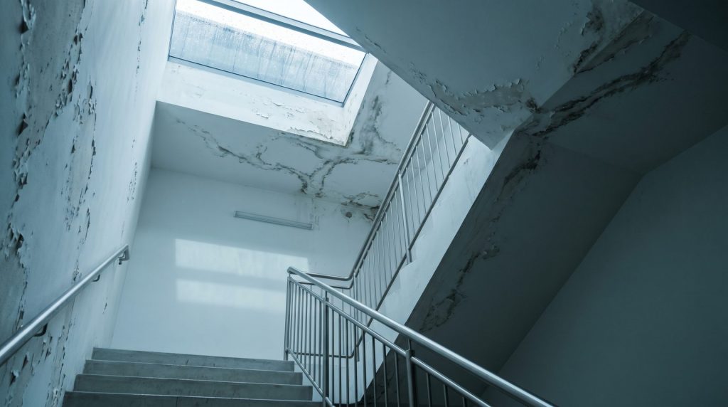 Diese Szene fängt die stille Frustration und das unterschwellige Problem der Vernachlässigung durch Hausverwaltung ein – eine emotionale Einladung zum Handeln.