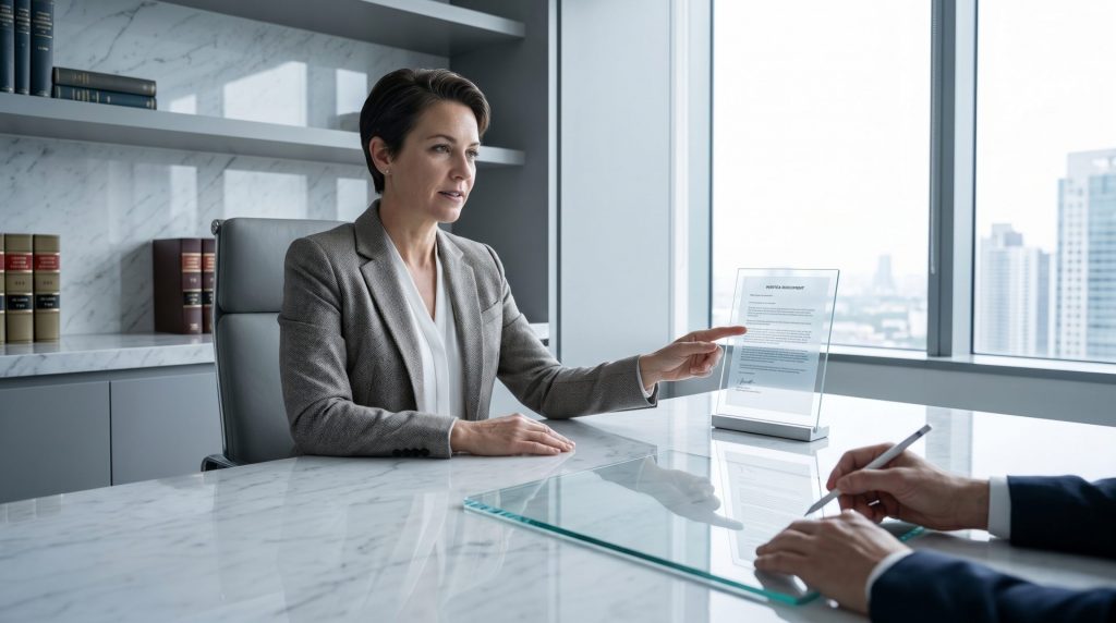 Diese Szene vermittelt die emotionale Sicherheit und Professionalität, die mit der notariellen Beurkundung verbunden sind, und spiegelt die wichtige rechtliche Absicherung beim Immobilienkauf wider.