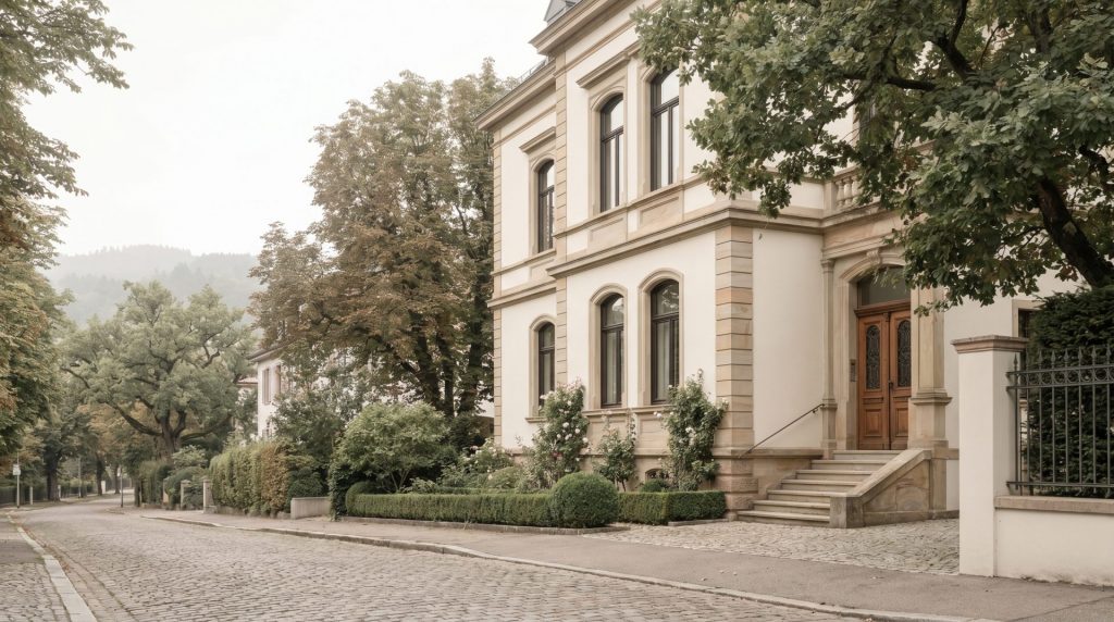 Das Motiv vermittelt sofort die Qualität, Seriosität und Exklusivität einer klassischen Villa in bester Lage von Baden-Baden. Die diskrete, hochwertige Inszenierung passt ideal zu einem Artikel über den professionellen und zurückhaltenden Verkauf einer Immobilie im Premiumsegment.