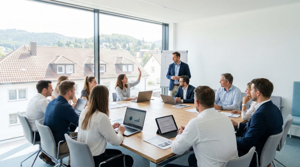 Dieses Bild transportiert das zentrale Thema des Artikels: eine professionelle, transparente und vertrauensvolle WEG-Verwaltung als Gemeinschaftsprozess. Die moderne Umgebung und konzentrierte Mimik der Beteiligten signalisieren Kompetenz und Zuverlässigkeit.