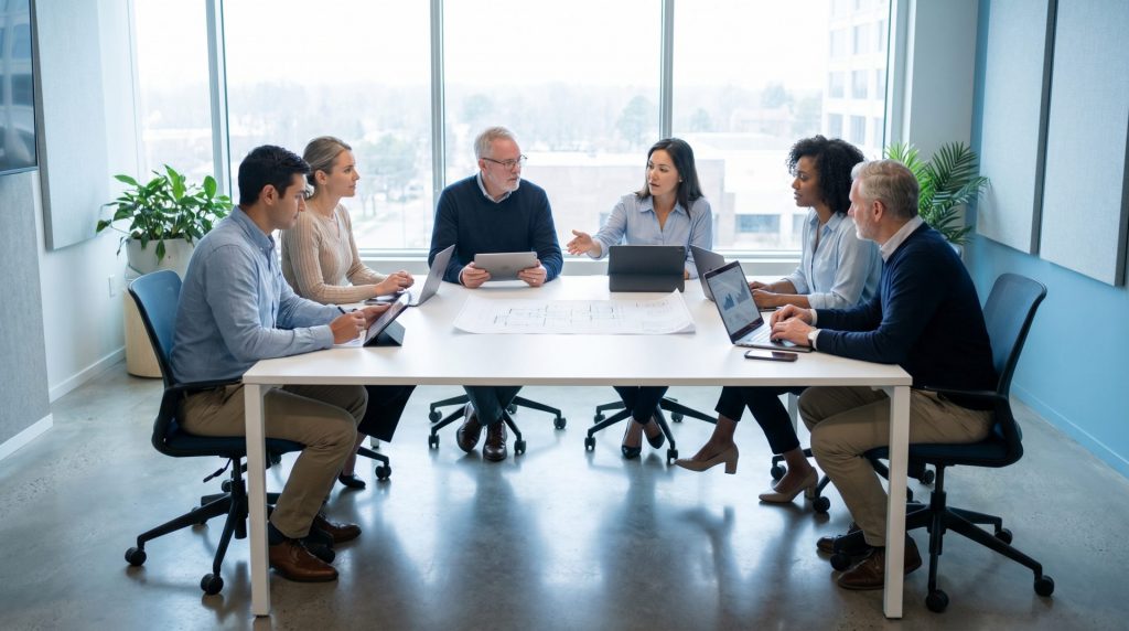 Dieses Bild vermittelt die professionelle, transparente und digitale Arbeitsweise der WEG Verwaltung von Heim & Wert und erzeugt Vertrauen durch moderne Technik und echte Teamarbeit.