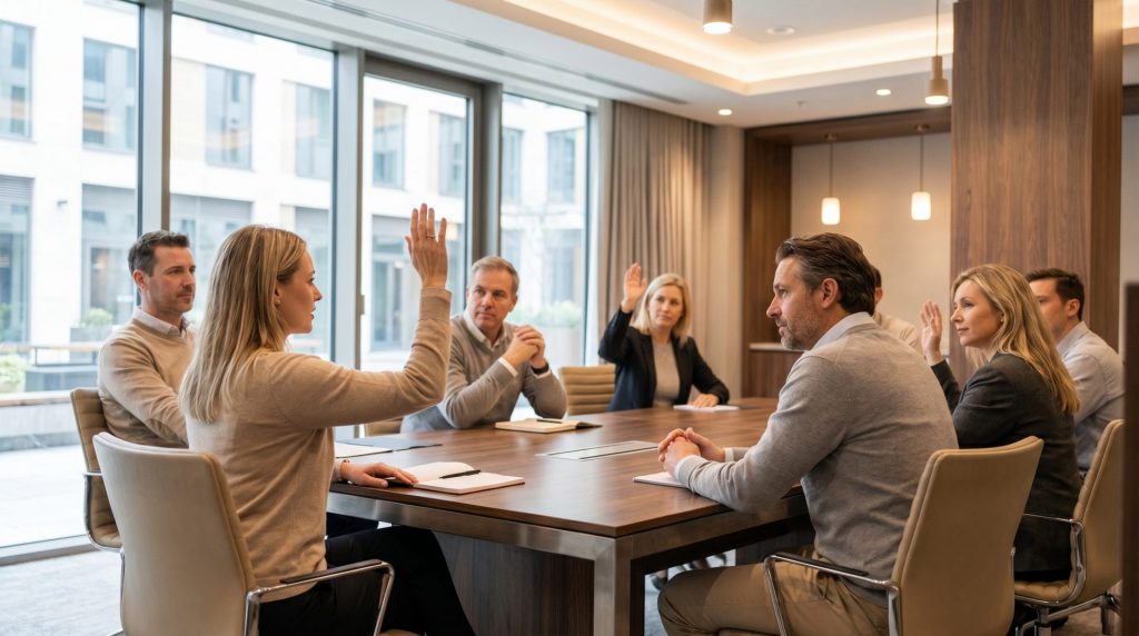 Das Bild greift die zentrale Situation einer WEG-Eigentümerversammlung direkt auf und vermittelt zugleich Seriosität, Transparenz und ein konstruktives Miteinander. Die entspannte, hochwertige Büroatmosphäre passt gut zu einem Artikel darüber, worauf Eigentümer bei Verwaltung, Abstimmungen und Zusammenarbeit achten sollten.