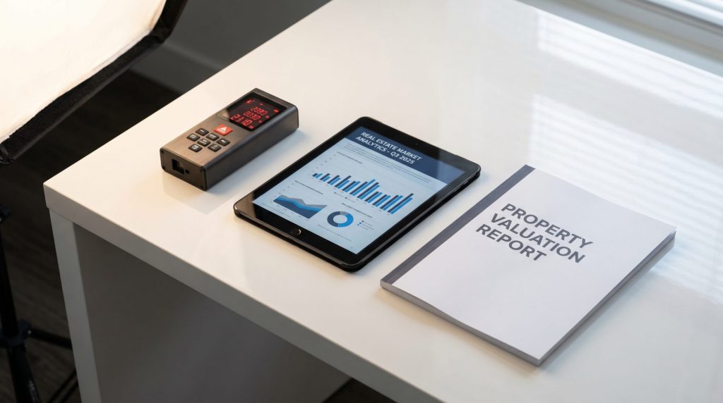 Dieses Stillleben stellt die sorgfältige, technologische und analytische Seite der Immobilienbewertung heraus und weckt Neugier auf die Methodik des Gutachters.