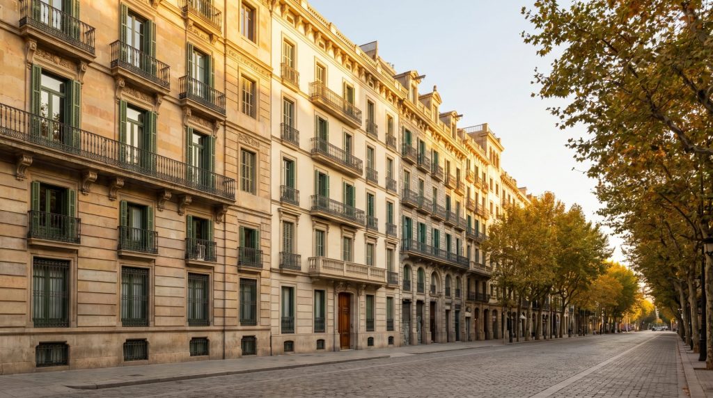 Der Straßenzug mit mehreren Altbauten vermittelt sofort das Thema Immobilien und zeigt zugleich Vielfalt innerhalb eines Wohnsegments. Das schöne, warme Licht macht das Motiv hochwertig, vertrauenswürdig und einladend – passend zu einem Einsteigerartikel über diversifizierte Immobilieninvestitionen.