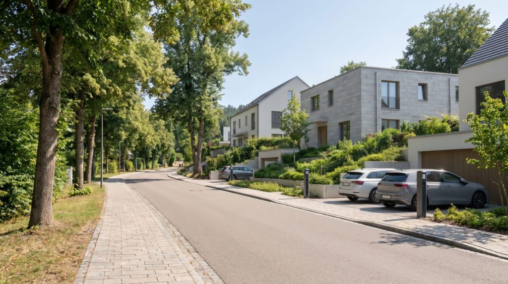 Das Bild erzählt die Geschichte von Lage und Mikroumgebung, die für Käufer entscheidend sind – es emotionalisiert das Thema Mikrolage und Wertentwicklung durch eine moderne, positive Stadtszene.