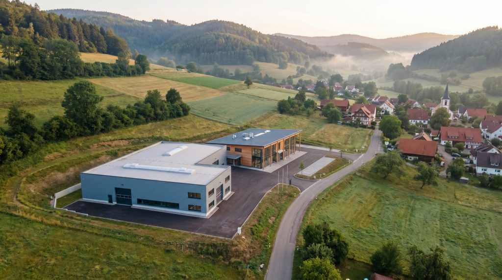 Das Bild verbindet den ländlichen Charakter des Murgtals mit klar erkennbaren Gewerbeobjekten und macht damit sofort sichtbar, worum es im Artikel geht: die Einordnung von Gewerbeimmobilien als Investment. Die ruhige, hochwertige Bildsprache vermittelt Seriosität, Standortqualität und Zukunftspotenzial – ideal für einen Ratgeber für Anleger.