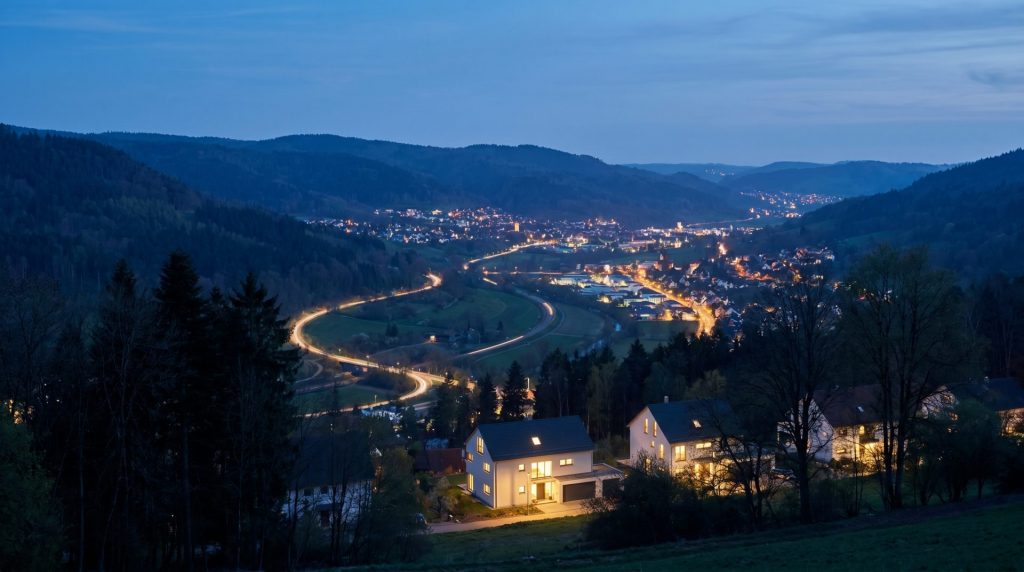 Das Bild fängt die emotionale Dualität zwischen urbaner Nähe und naturnahem Rückzugsort ein, die das Albtal für Käufer so attraktiv macht.