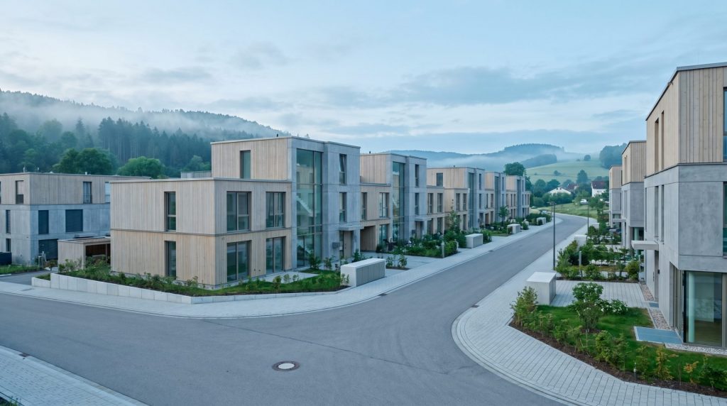 Das Bild unterstreicht die Balance zwischen urbanem Komfort und naturnaher Lage, ein Kernthema für Albtal-Immobilien. Die Perspektive zeigt das Potenzial moderner Wohnformen mit Wertentwicklungspotenzial.
