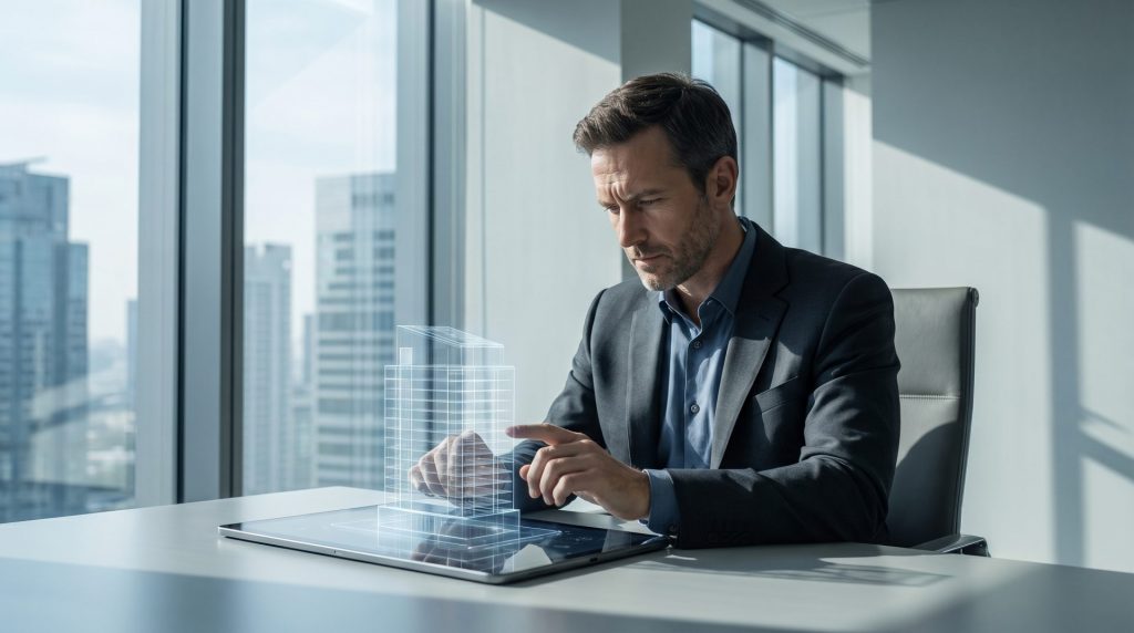 Dieses Bild vermittelt die präzise, datenbasierte Herangehensweise moderner Investoren und veranschaulicht das Thema Kapitalanlage Gewerbeimmobilie als intelligente, zukunftsorientierte Entscheidung.