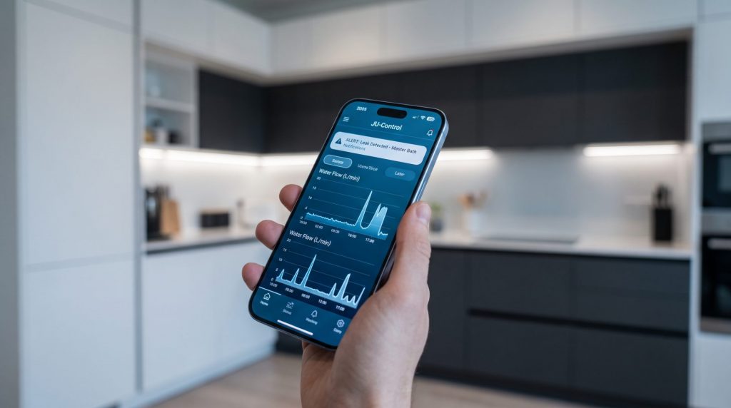 Das Bild visualisiert die smarte Vernetzung und ständige Kontrolle, die Eigentümer durch die App erhalten, und erzeugt ein Gefühl von Kontrolle und verlässlicher Überwachung.