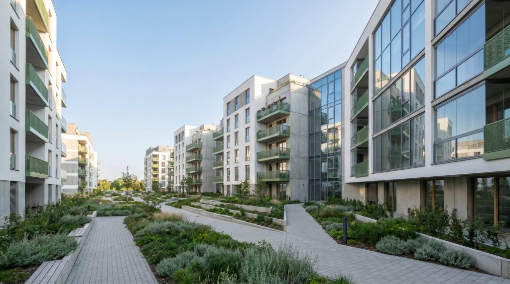 Das Bild verbindet architektonische Modernität mit realer Marktrelevanz, zeigt das Ziel des Vertriebs: ein greifbares, attraktives Projekt, das nachweisbaren Mehrwert bietet.