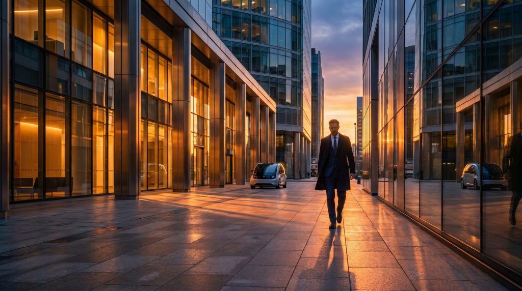Das Bild erzählt die emotionale Spannung und die gedankliche Vorbereitung eines Investors, der Zugang zu Off-Market-Immobilien sucht, und verbindet urbanes Leben mit exklusiver Ruhe.