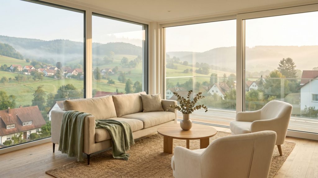 Das Motiv verbindet den Wohnwert der Etagenwohnung mit der attraktiven Lage im Albtal und macht damit sofort sichtbar, was für Verkauf, Preiswahrnehmung und Vermarktung entscheidend ist: Aussicht, Helligkeit und Wohnqualität. Der Blick aus dem Wohnzimmer wirkt hochwertig, emotional und zugleich realistisch – ideal für einen Artikel über den Verkauf einer Wohnung im Albtal.