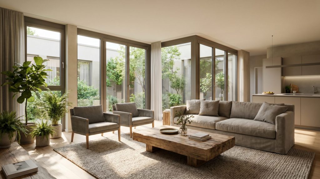 Dieses Bild visualisiert den Wert von Licht, Schnitt und Umgebung als wichtige Kriterien für die Immobilienbewertung und appelliert an das emotionale Verlangen nach einem Wohlfühlzuhause.