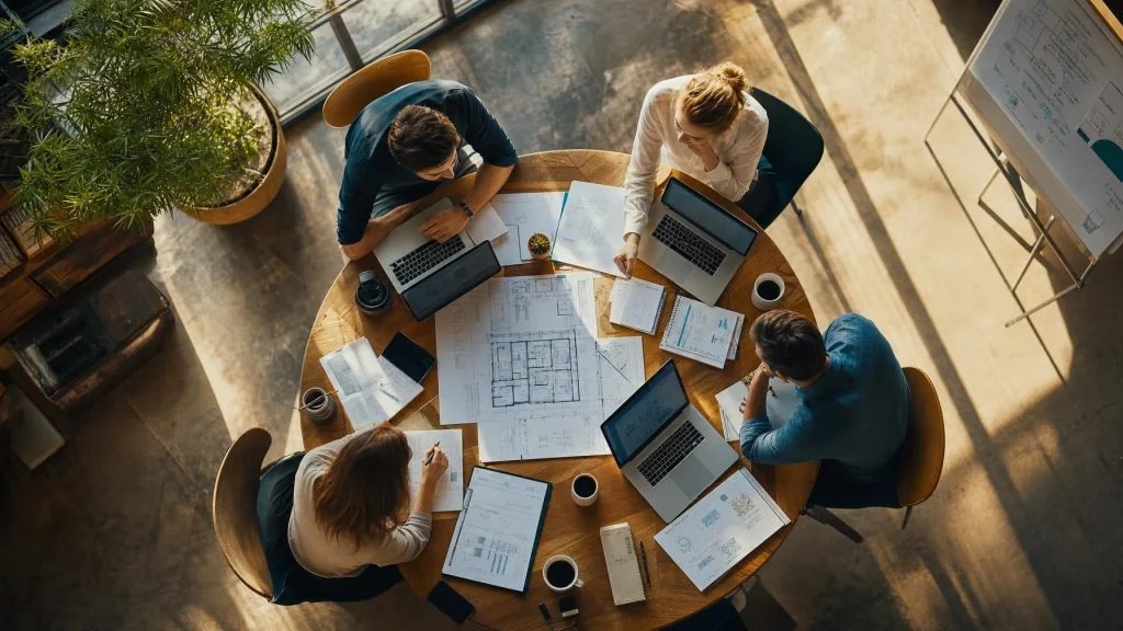 Overhead editorial photograph of a small team around a round wooden table covere