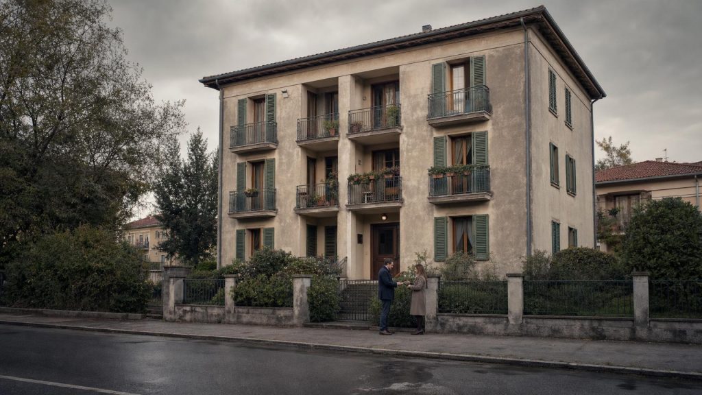 Das leicht in die Jahre gekommene Sechsfamilienhaus bildet das Verkaufsobjekt glaubwürdig ab. Die zurückhaltende Schlüsselübergabe und der bewusste Verzicht auf ein Verkaufsschild vermitteln den direkten Verkauf ohne öffentliches Inserat.