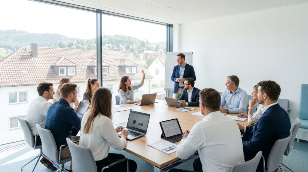 Dieses Bild transportiert das zentrale Thema des Artikels: eine professionelle, transparente und vertrauensvolle WEG-Verwaltung als Gemeinschaftsprozess. Die moderne Umgebung und konzentrierte Mimik der Beteiligten signalisieren Kompetenz und Zuverlässigkeit.