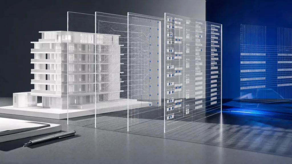 Die transparenten Ebenen machen das digitale Objektarchiv als verlässliches Gedächtnis des Gebäudes erfahrbar. Das Motiv wirkt hochwertig und konzeptionell, ohne in typische Cloud- oder Datenbank-Klischees zu fallen.