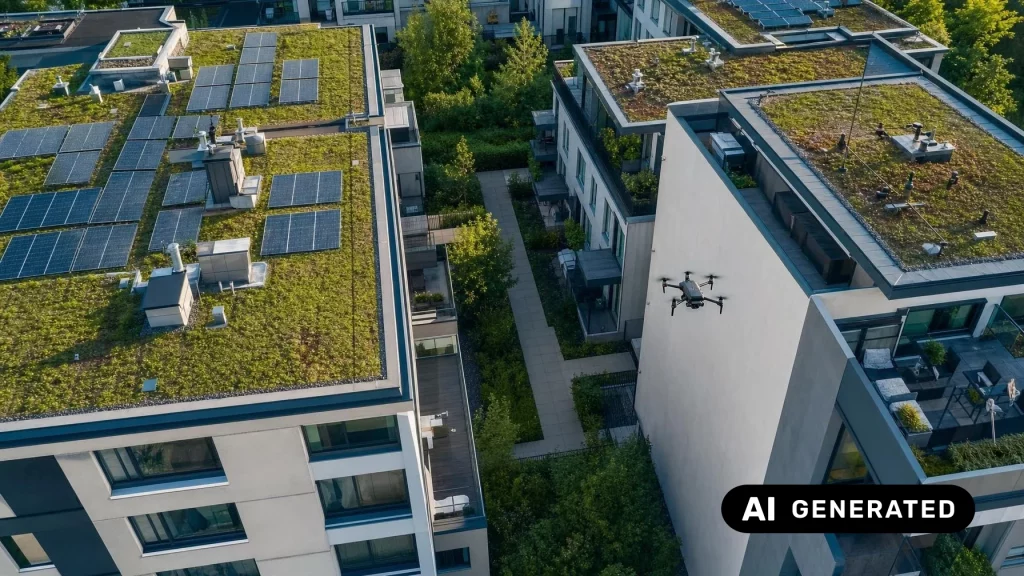 Die Luftaufnahme visualisiert den Gesamtblick, den professionelle Verwaltung benötigt: Dach, Entwässerung, Energie und Fassade werden als zusammenhängendes System sichtbar. Sie weckt das Gefühl, Risiken im Griff zu haben.